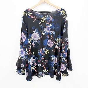 Chelsea Studio Floral V-Neck Blouse 4X Boho Ruffle Bell Sleeve Peasant Romantic